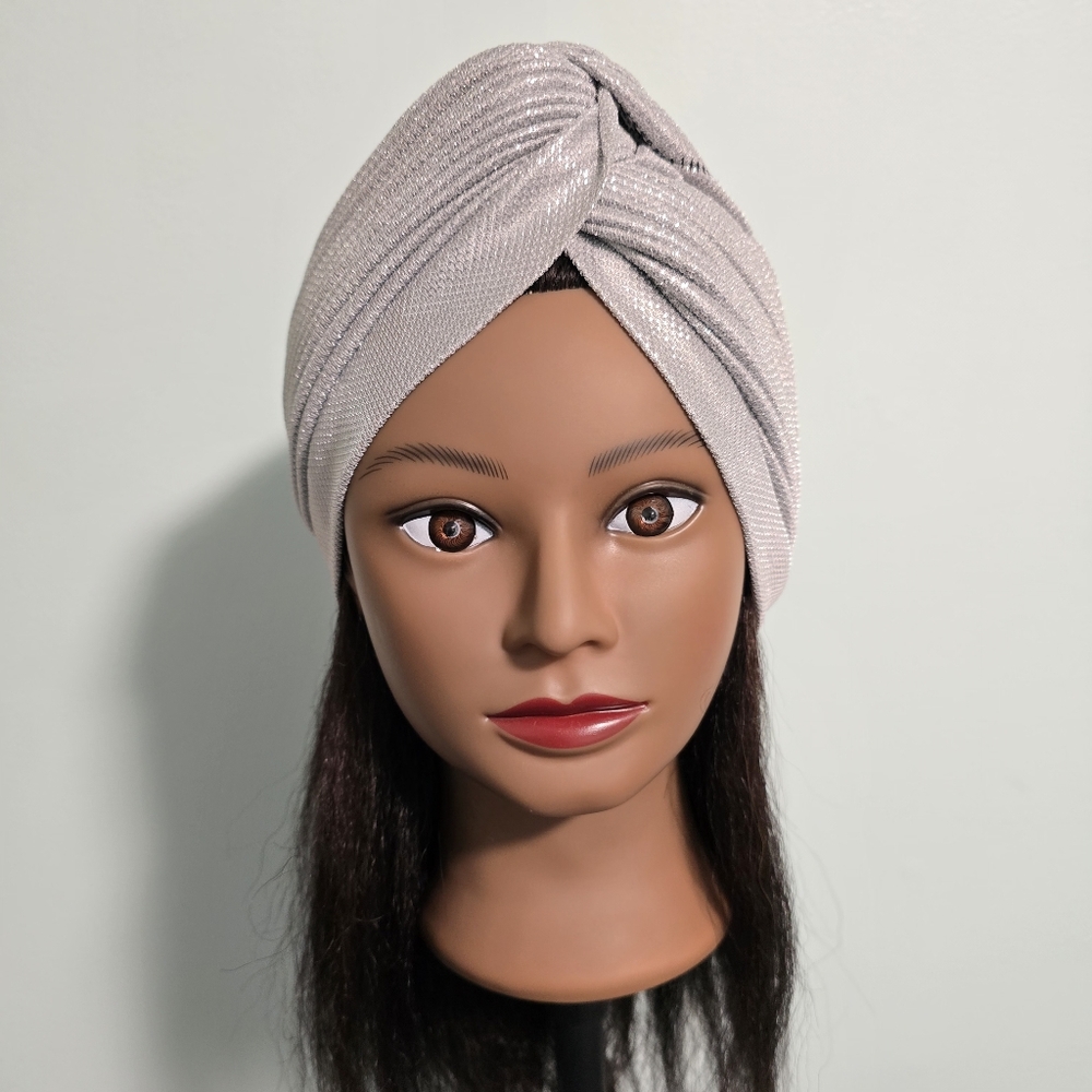 Handmade Pre-styled African Head Wrap, Glittery  Silver Grey